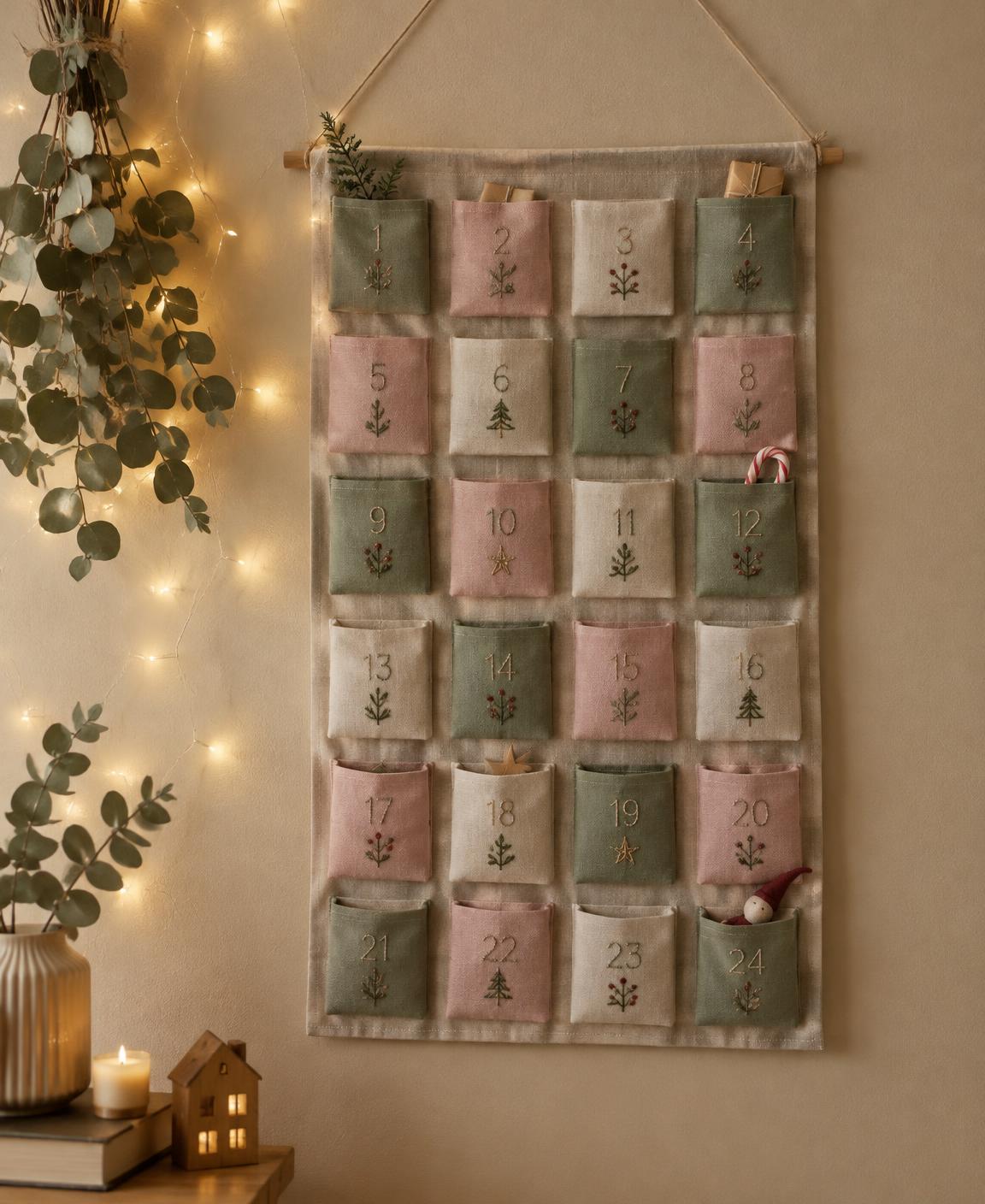 Calendario de Adviento textil con 24 bolsillos bordados