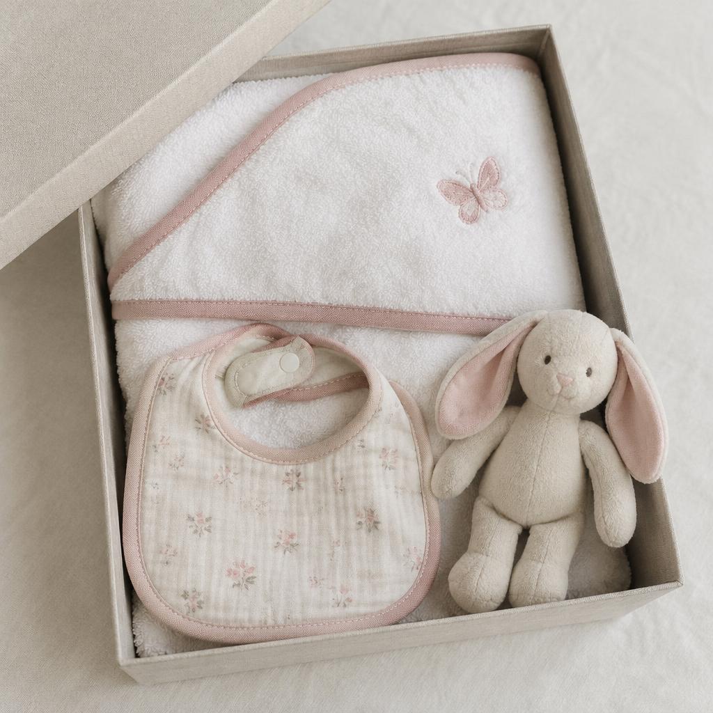 Pack de nacimiento con toalla bordada, babero y conejito en caja de lino