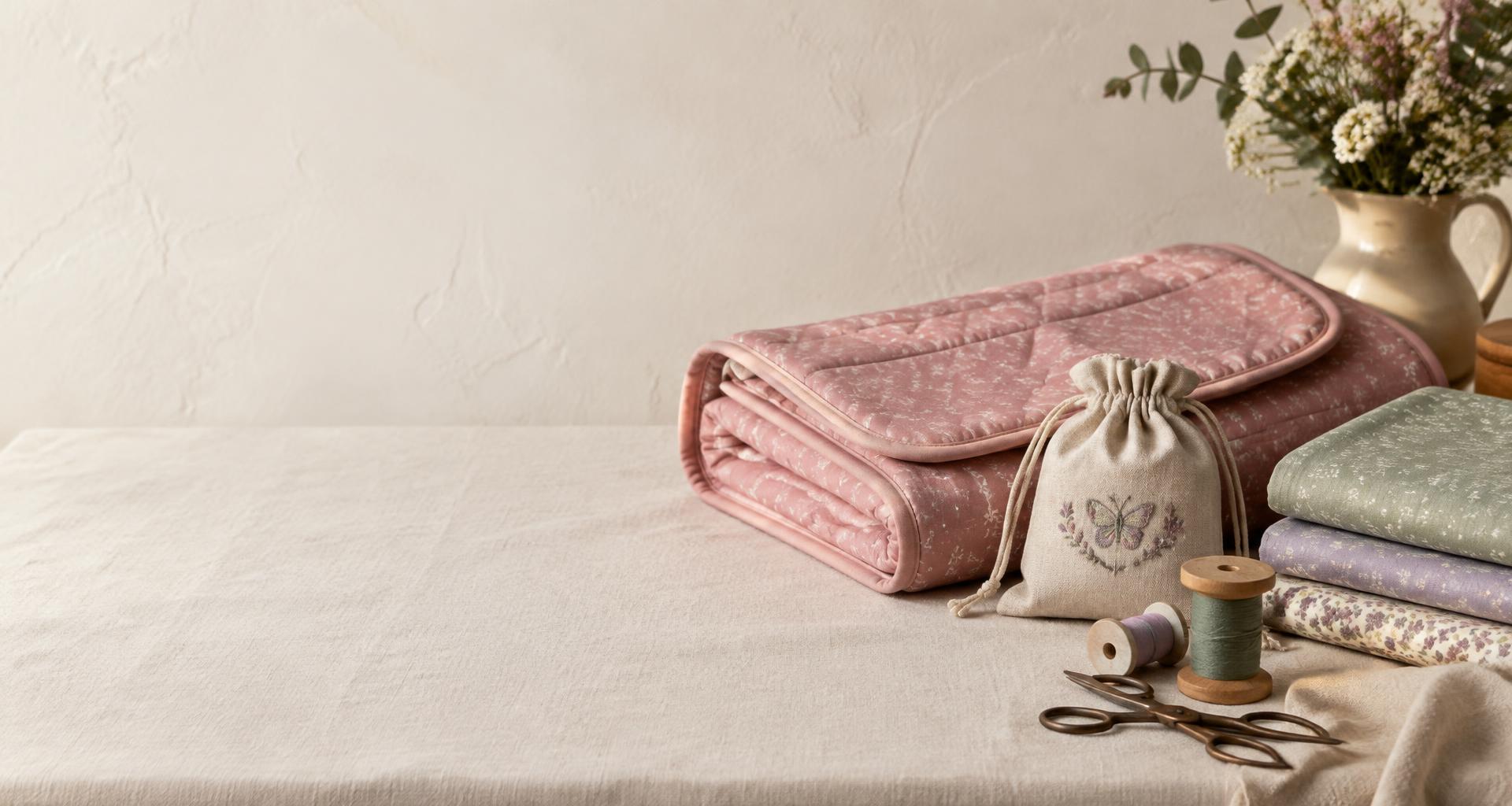 Cambiador rosa, bolsita con mariposa bordada y telas de lino, lavanda y salvia: fotografía de referencia